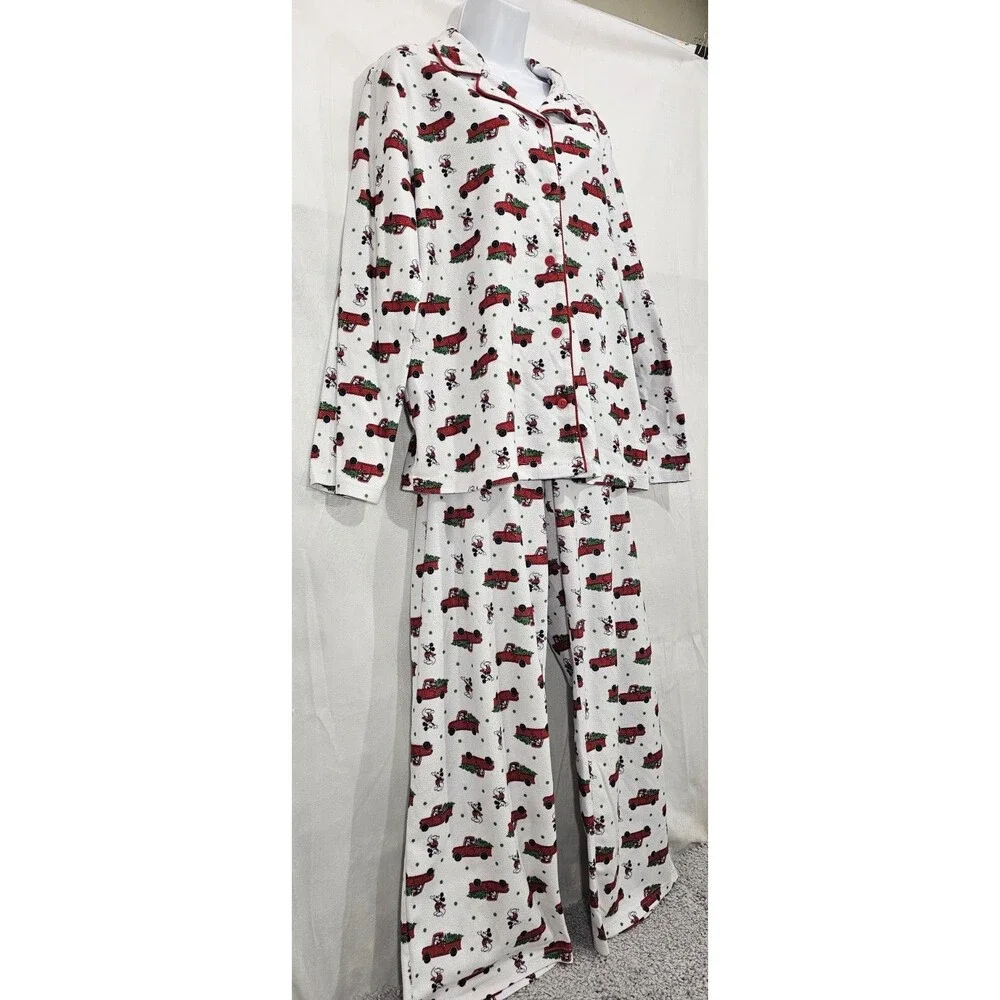 Disney Mickey Mouse Flannel Pajamas 2 Piece Red Truck Christmas Tree Womens XL